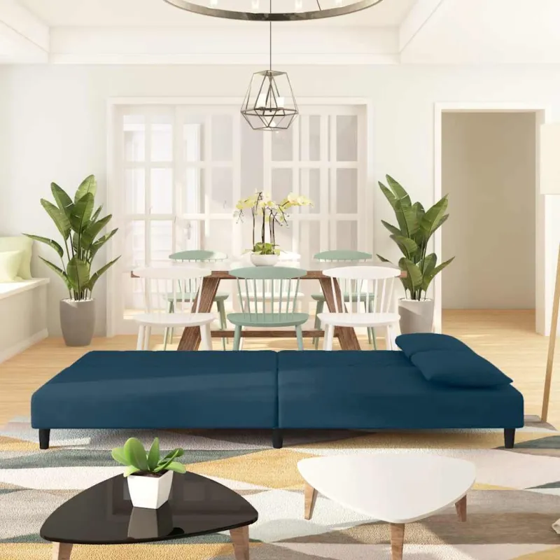 Dvivietė sofa-lova su dvejomis pagalvėmis, mėlyna, aksomas