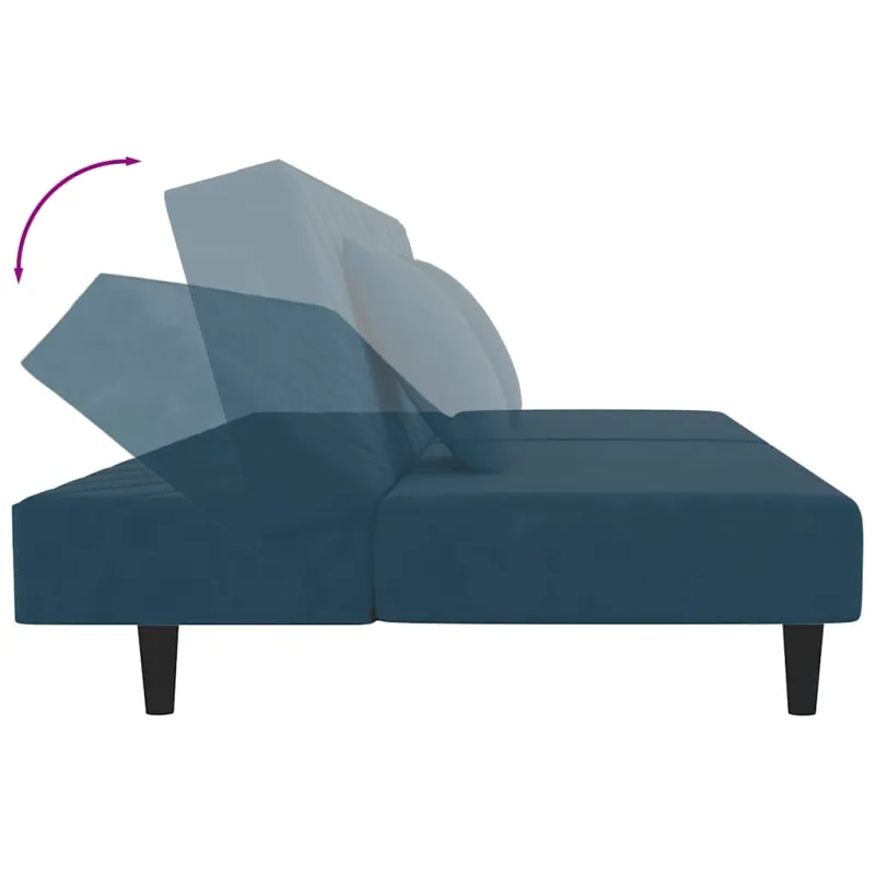 Dvivietė sofa-lova su dvejomis pagalvėmis, mėlyna, aksomas