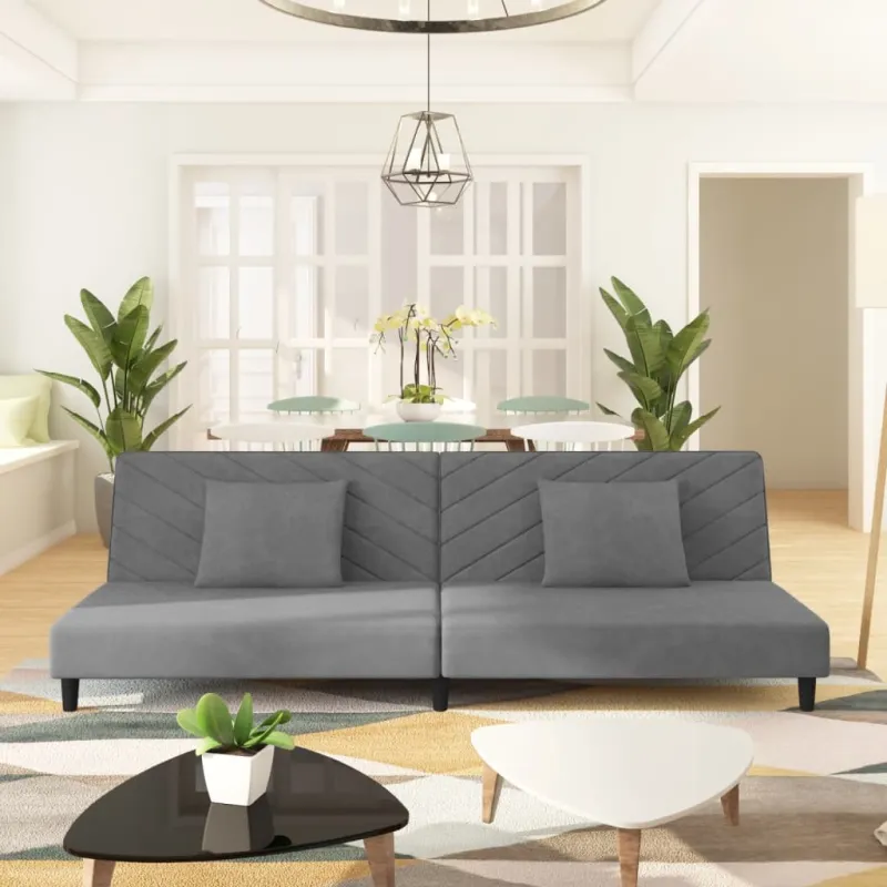 Dvivietė sofa-lova su dvejomis pagalvėmis, pilka, aksomas