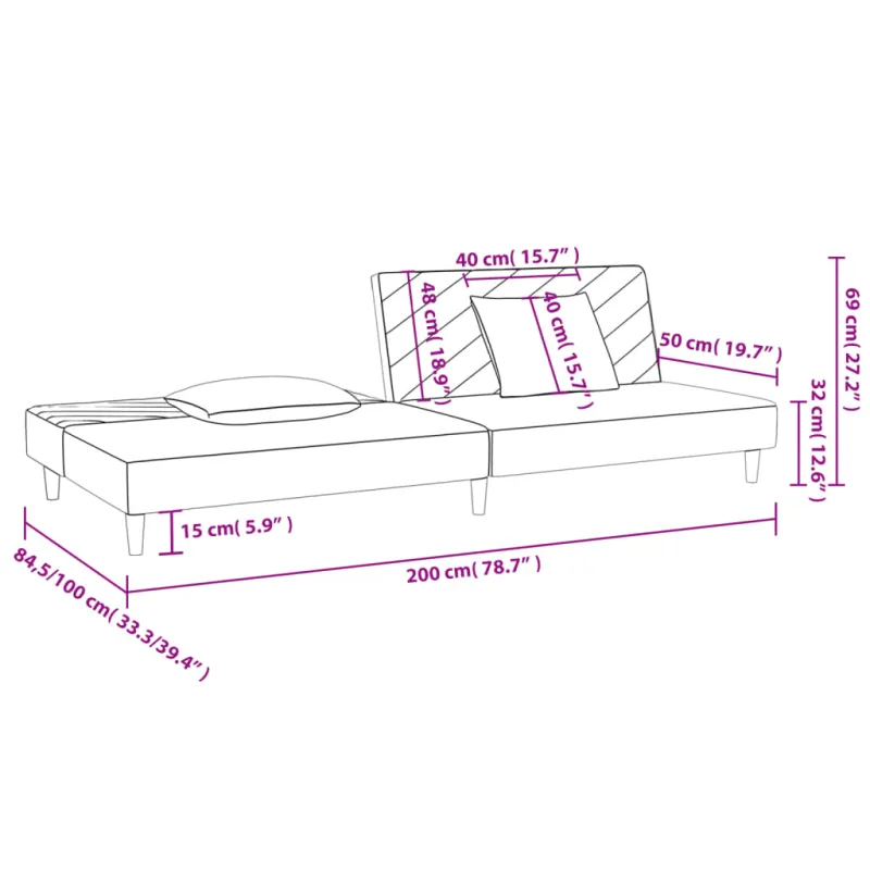 Dvivietė sofa-lova su dvejomis pagalvėmis, pilka, aksomas