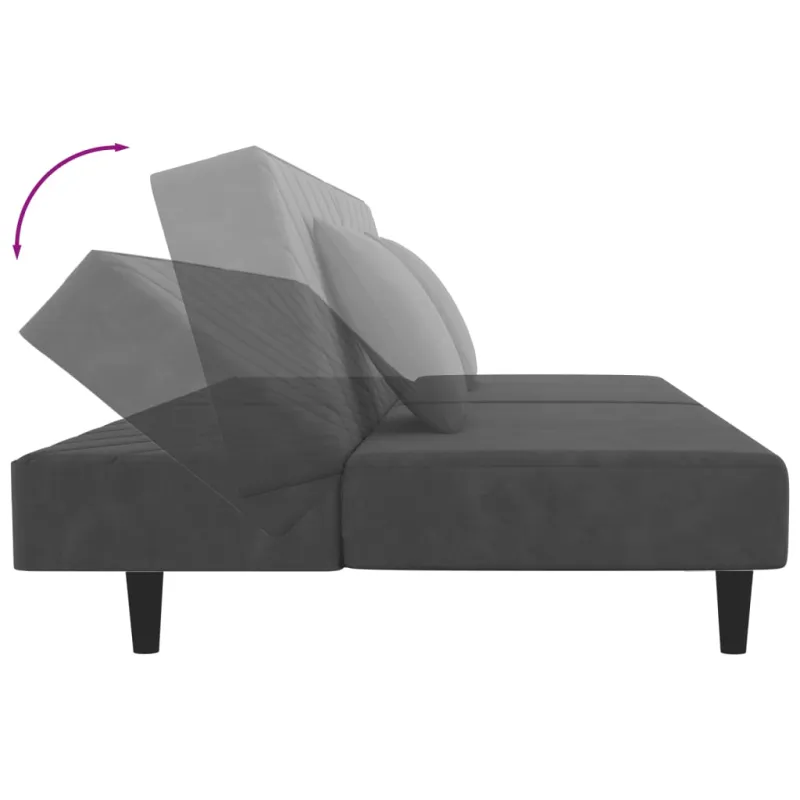 Dvivietė sofa-lova su dvejomis pagalvėmis, pilka, aksomas