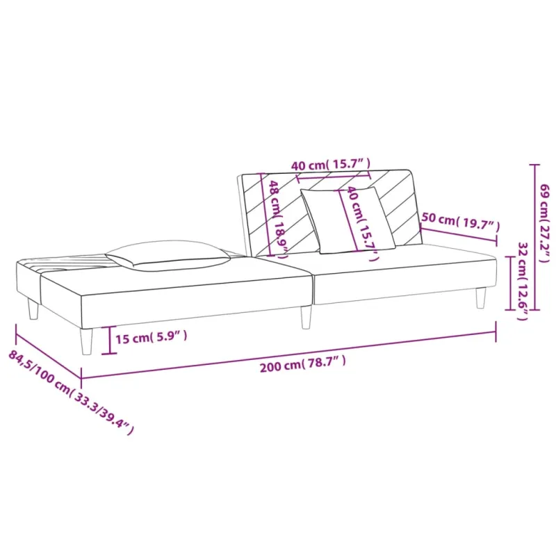 Dvivietė sofa-lova su dvejomis pagalvėmis, pilka, aksomas