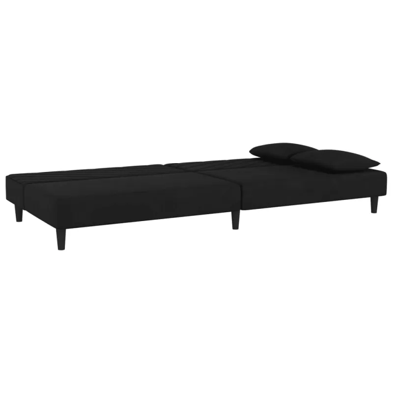 Dvivietė sofa-lova su dvejomis pagalvėmis, juoda, aksomas