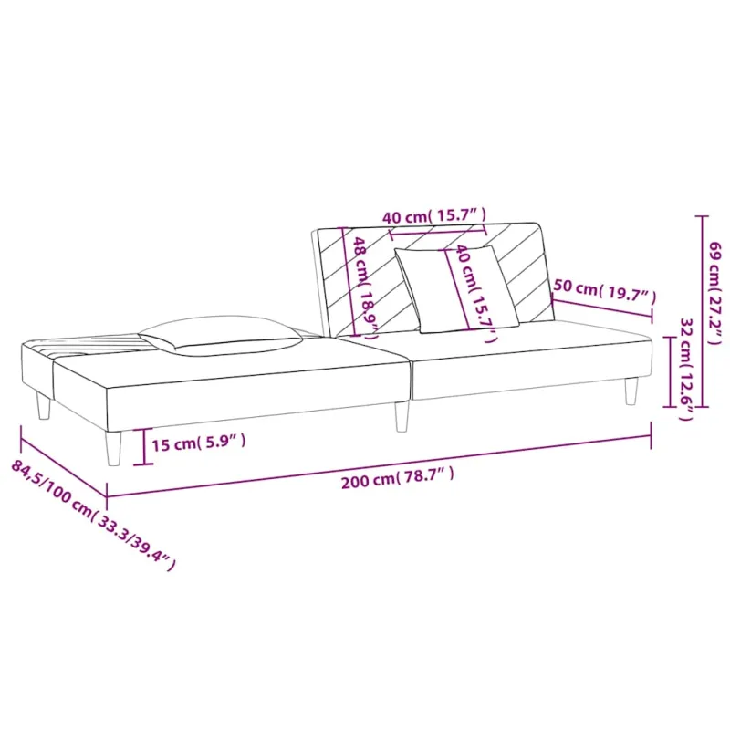 Dvivietė sofa-lova su dvejomis pagalvėmis, juoda, aksomas