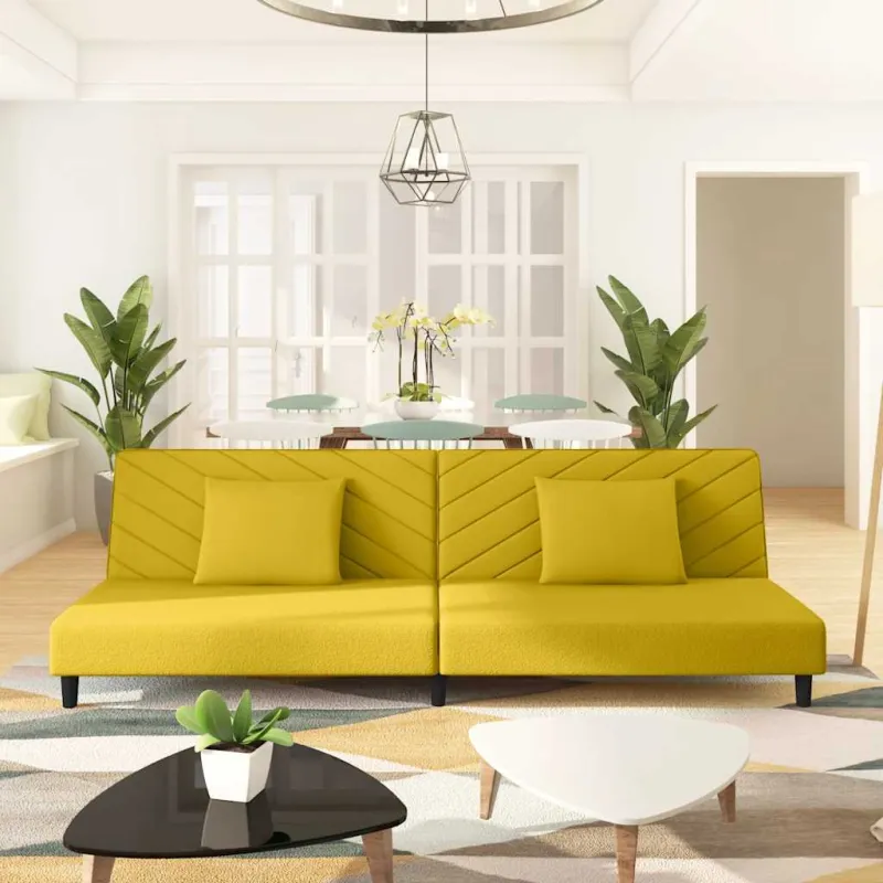 Dvivietė sofa-lova su dvejomis pagalvėmis, geltona, aksomas
