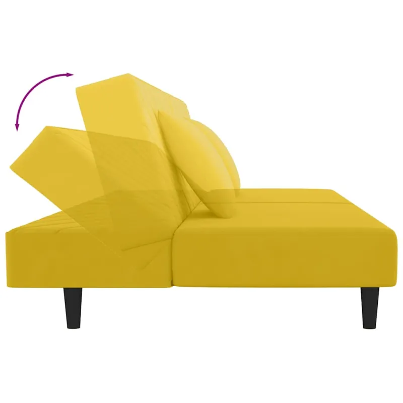 Dvivietė sofa-lova su dvejomis pagalvėmis, geltona, aksomas