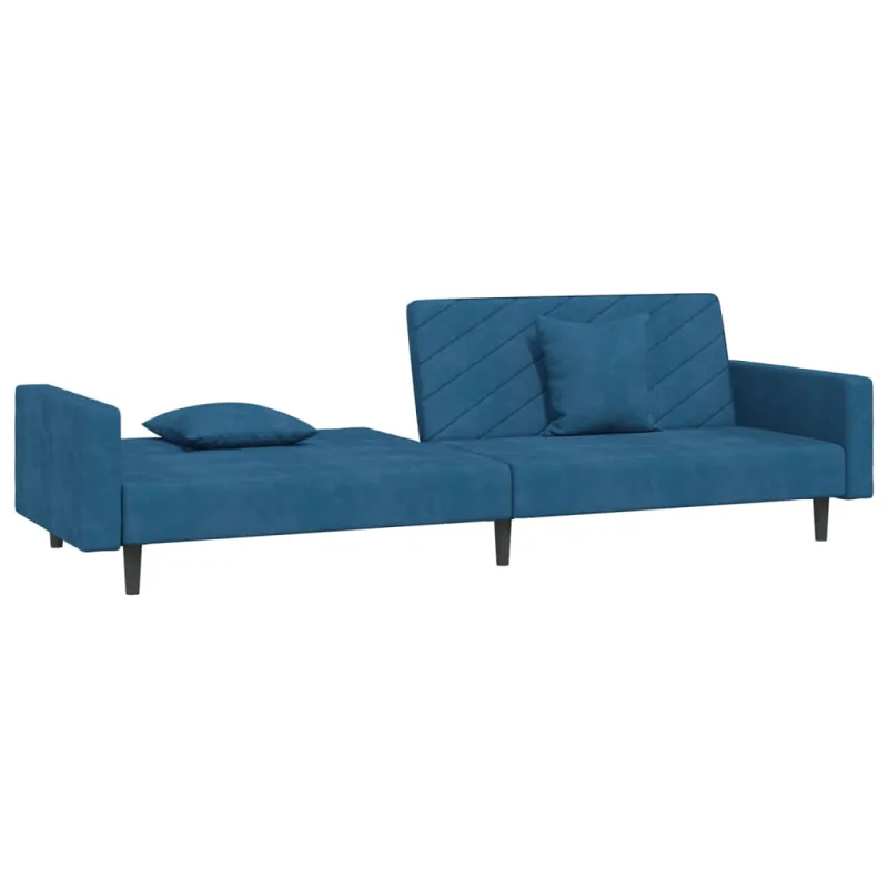 Dvivietė sofa-lova su dvejomis pagalvėmis, mėlyna, aksomas