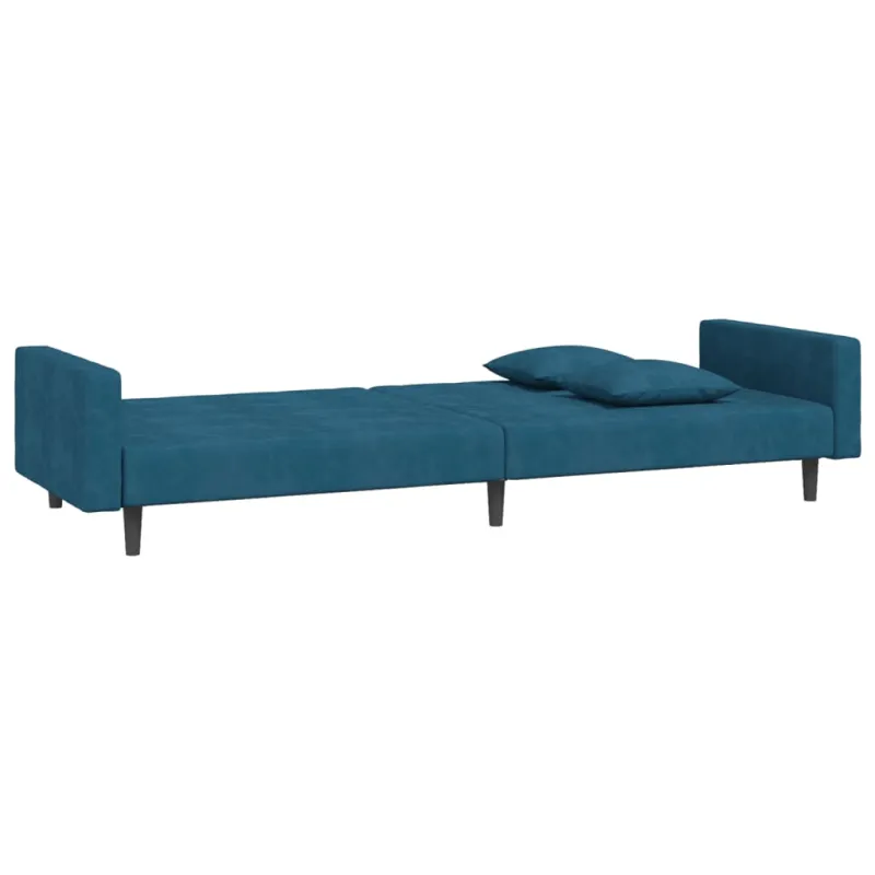 Dvivietė sofa-lova su dvejomis pagalvėmis, mėlyna, aksomas