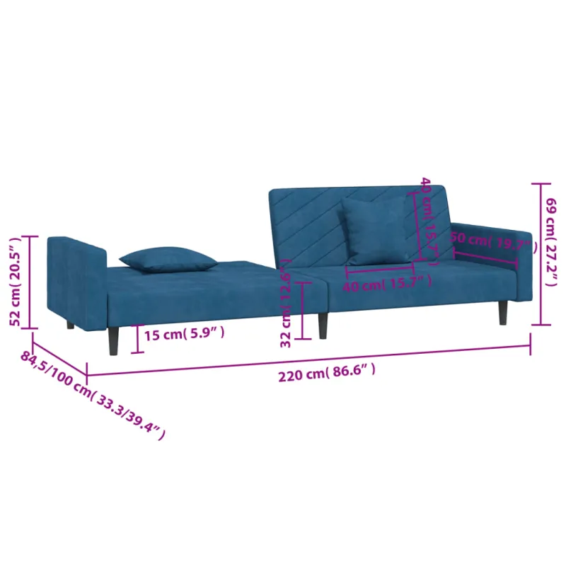 Dvivietė sofa-lova su dvejomis pagalvėmis, mėlyna, aksomas