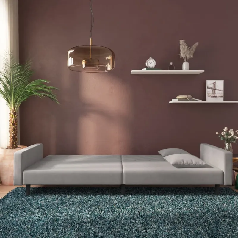 Dvivietė sofa-lova su dvejomis pagalvėmis, pilka, aksomas