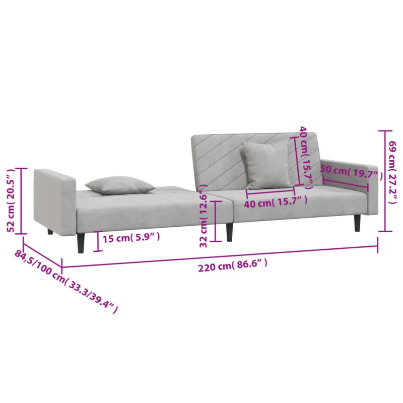 Dvivietė sofa-lova su dvejomis pagalvėmis, pilka, aksomas
