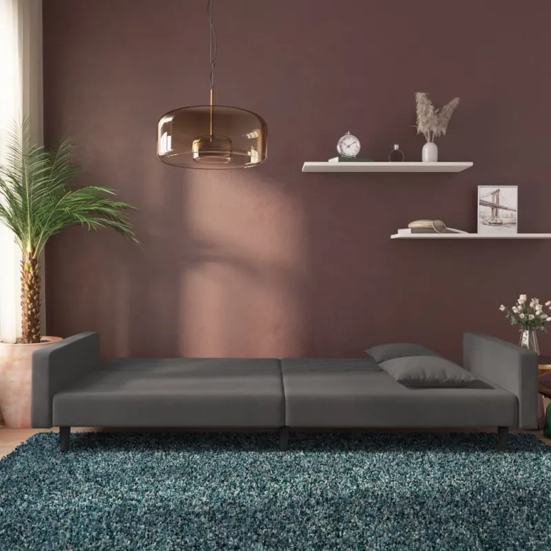 Dvivietė sofa-lova su dvejomis pagalvėmis, pilka, aksomas