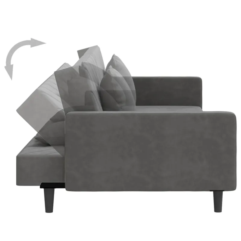 Dvivietė sofa-lova su dvejomis pagalvėmis, pilka, aksomas