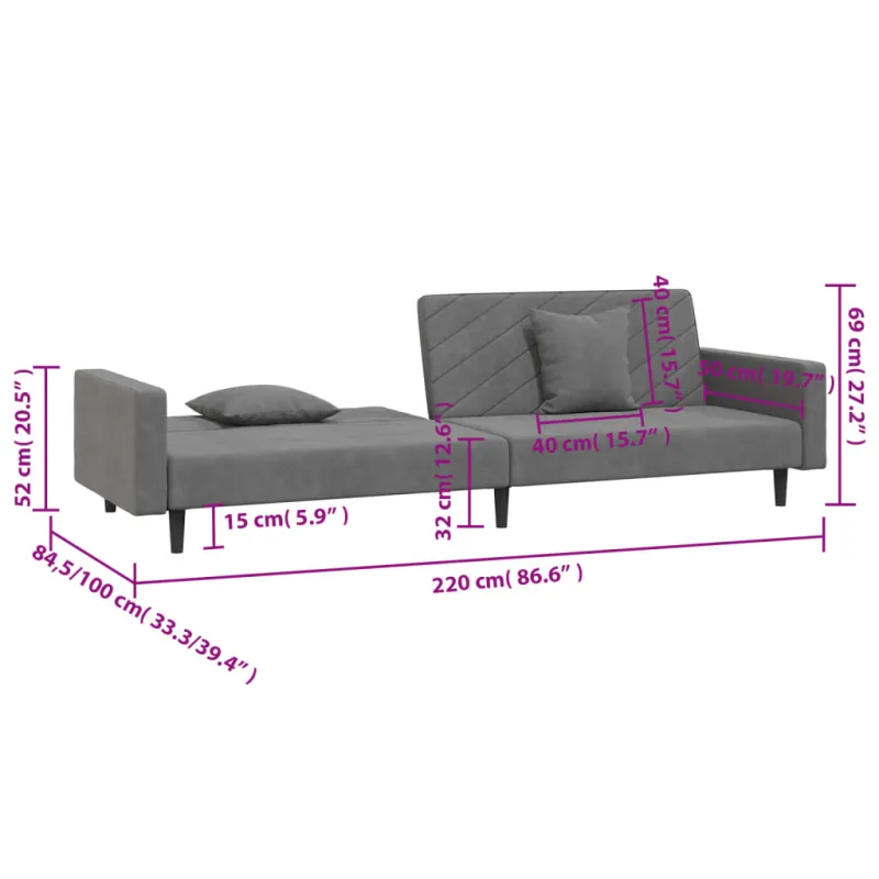 Dvivietė sofa-lova su dvejomis pagalvėmis, pilka, aksomas