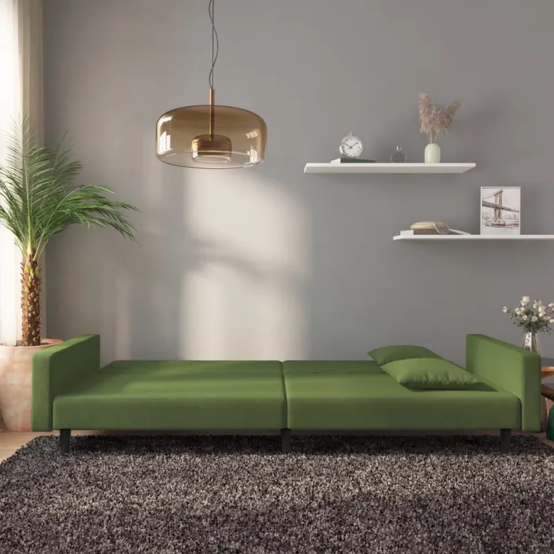 Dvivietė sofa-lova su dvejomis pagalvėmis, žalia, aksomas