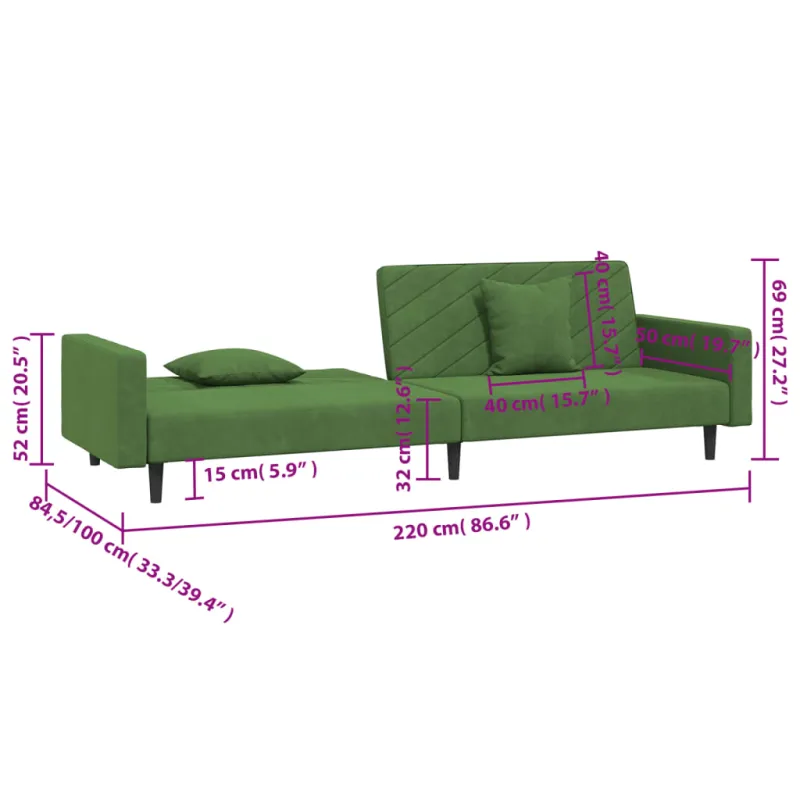 Dvivietė sofa-lova su dvejomis pagalvėmis, žalia, aksomas