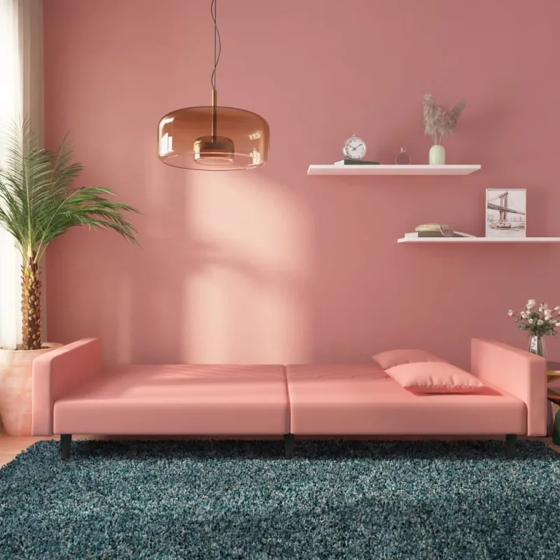 Dvivietė sofa-lova su dvejomis pagalvėmis, rožinė, aksomas