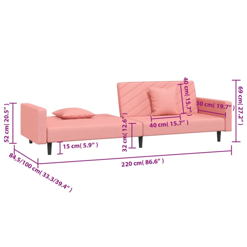 Dvivietė sofa-lova su dvejomis pagalvėmis, rožinė, aksomas