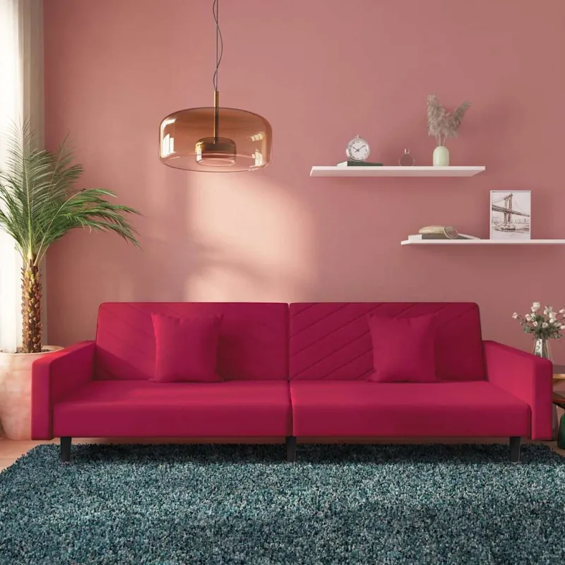 Dvivietė sofa-lova su dvejomis pagalvėmis, vyno, aksomas
