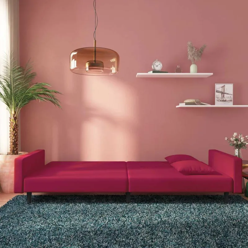 Dvivietė sofa-lova su dvejomis pagalvėmis, vyno, aksomas