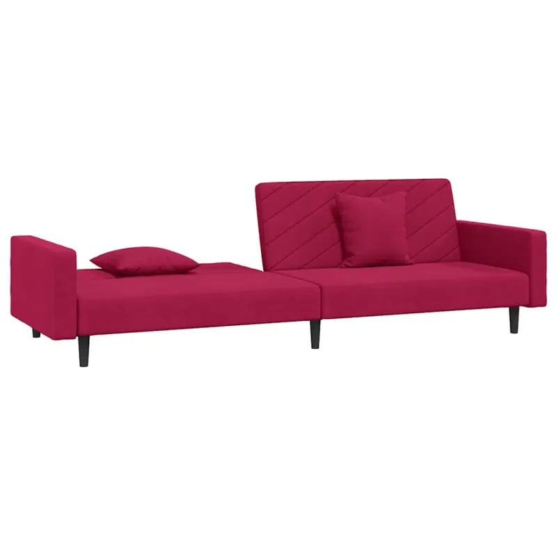 Dvivietė sofa-lova su dvejomis pagalvėmis, vyno, aksomas