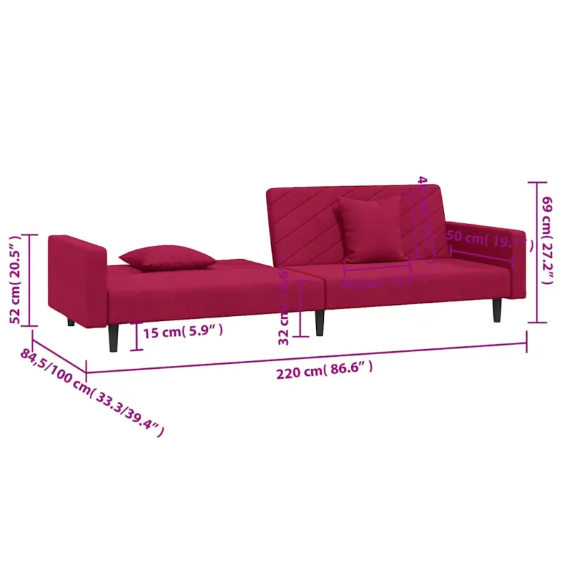Dvivietė sofa-lova su dvejomis pagalvėmis, vyno, aksomas