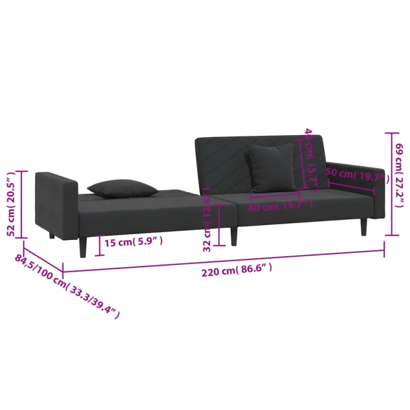 Dvivietė sofa-lova su dvejomis pagalvėmis, juoda, aksomas
