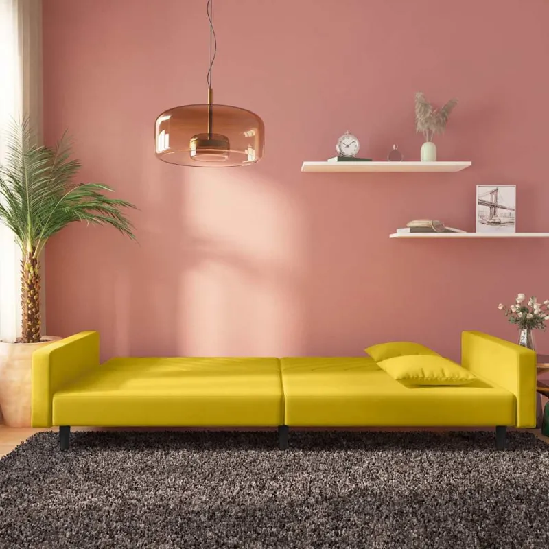 Dvivietė sofa-lova su dvejomis pagalvėmis, geltona, aksomas