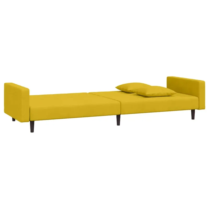 Dvivietė sofa-lova su dvejomis pagalvėmis, geltona, aksomas