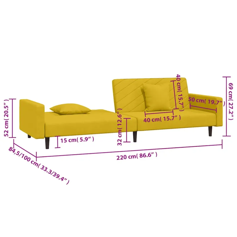Dvivietė sofa-lova su dvejomis pagalvėmis, geltona, aksomas