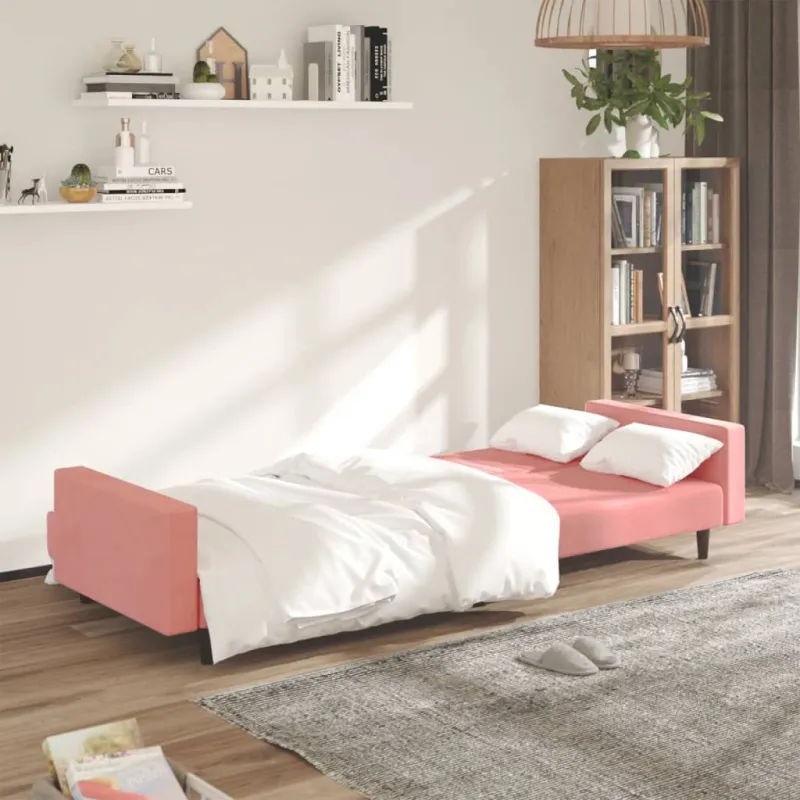 Dvivietė sofa-lova, rožinės spalvos, aksomas
