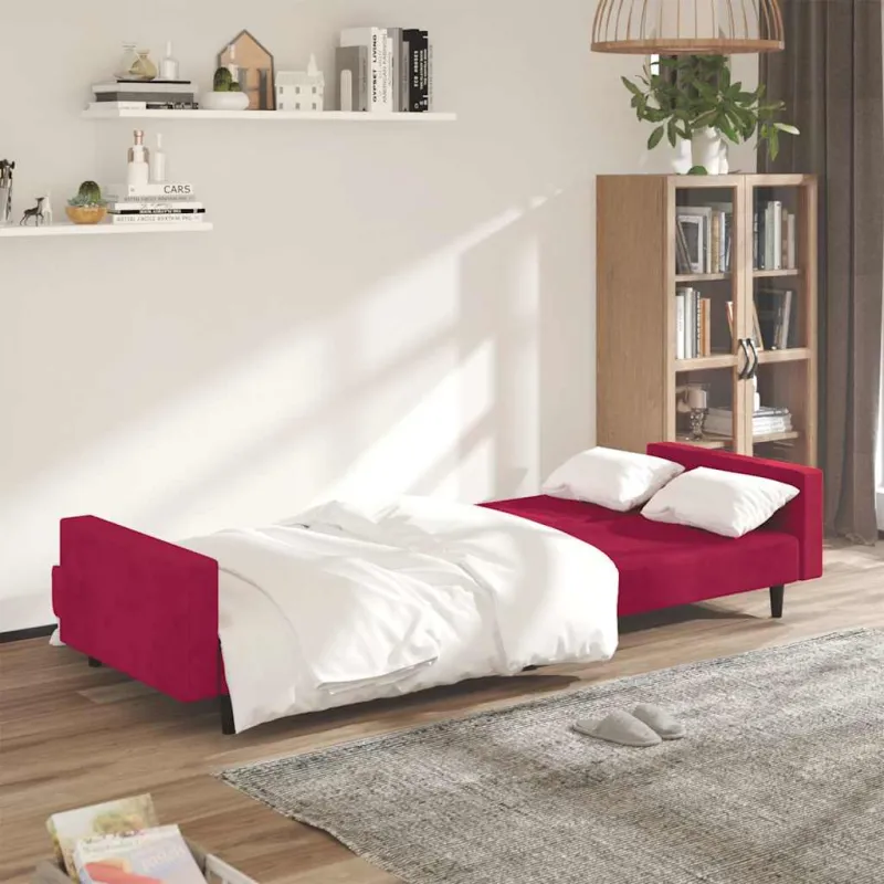 Dvivietė sofa-lova, raudonojo vyno spalvos, aksomas