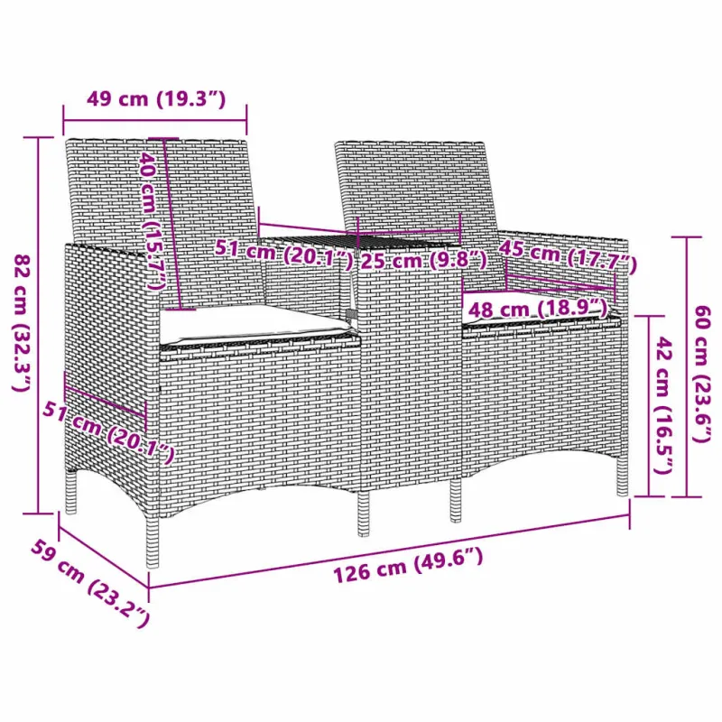 Dvivietė sodo sofa su staliuku ir pagalvėlėmis, smėlio spalvos