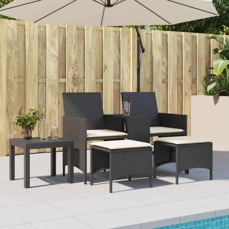 Dvivietė sodo sofa su staliuku/taburetėmis, juoda, poliratanas