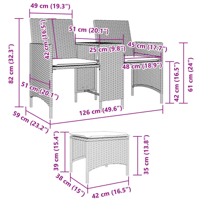 Dvivietė sodo sofa su staliuku/taburetėmis, smėlio, poliratanas