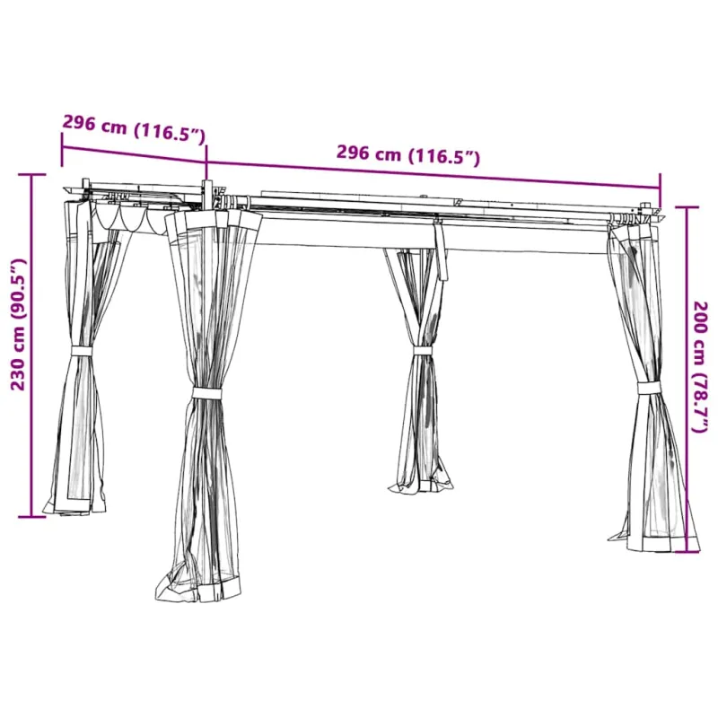 Pavėsinė su tinklinėmis sienelėmis, antracito, 3x3m, plienas