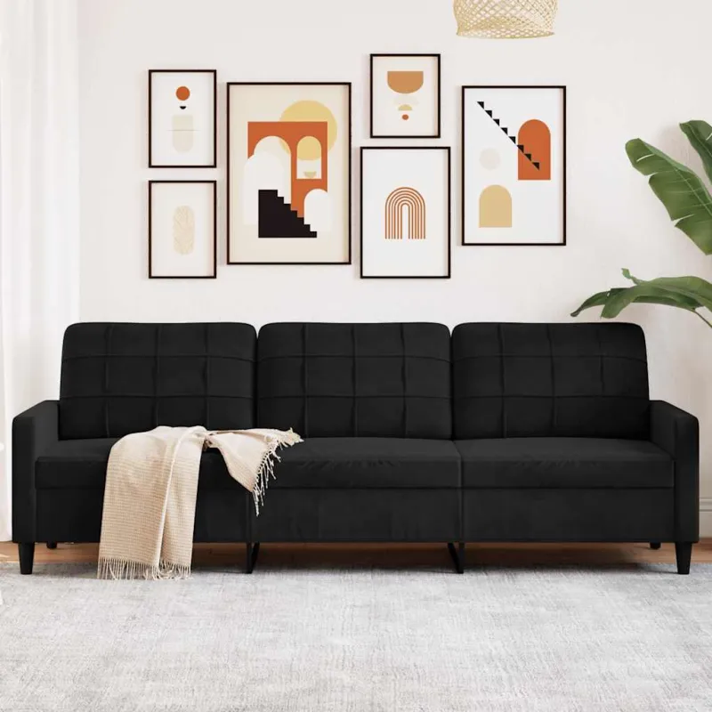 Trivietė sofa, juodos spalvos, 210cm, aksomas