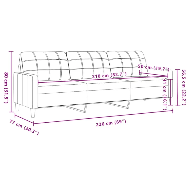 Trivietė sofa, kreminės spalvos, 210cm, aksomas