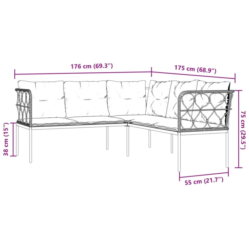 Sodo sofa su pagalvėlėmis, juoda, plienas/tekstilenas