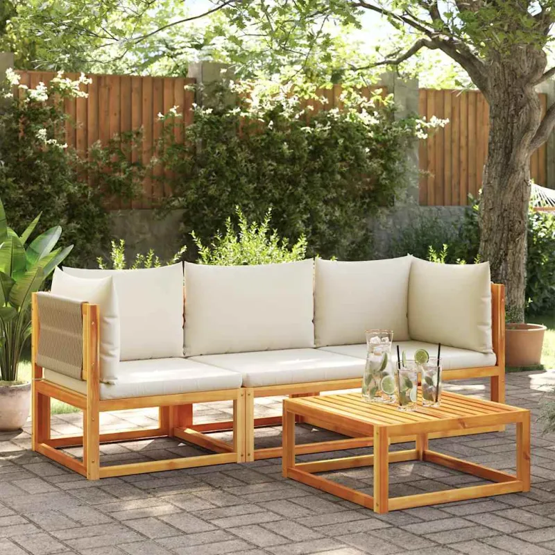 Sodo kampinė sofa su pagalvėlėmis, akacijos mediena ir virvė