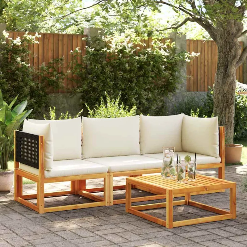 Sodo kampinė sofa su pagalvėlėmis, akacijos mediena ir rotangas