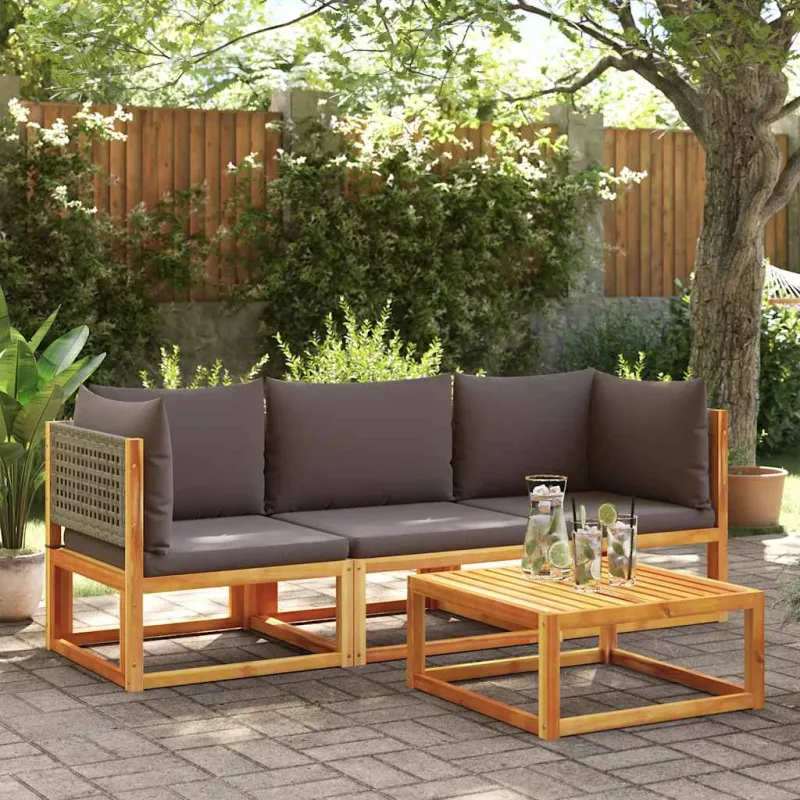 Sodo kampinė sofa su pagalvėlėmis, akacijos mediena ir rotangas