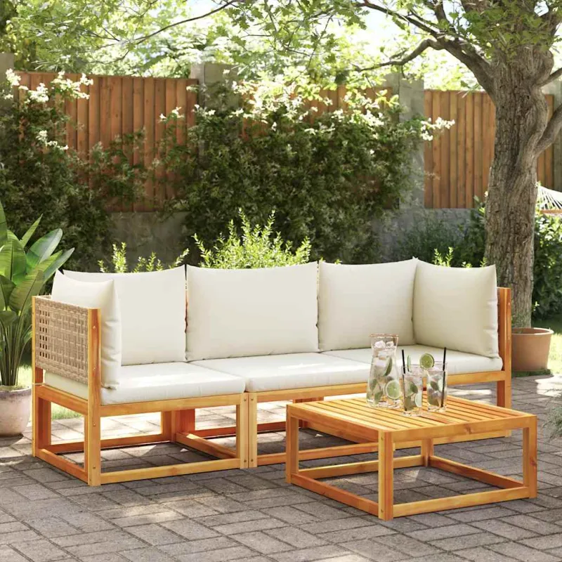 Sodo kampinė sofa su pagalvėlėmis, akacijos mediena ir rotangas