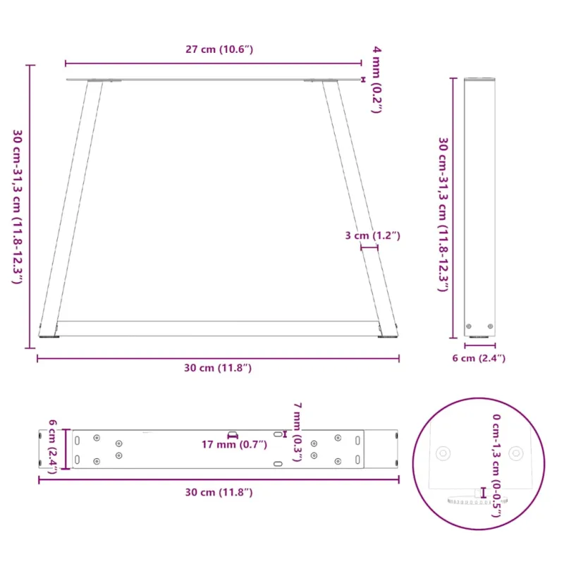 Kavos staliuko kojelės, V formos, 2 vnt., baltos, 30x(30-31,3) cm, plienas