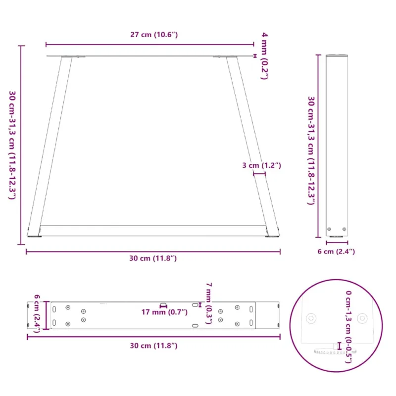 Kavos staliuko kojelės, V formos, 2 vnt., antracito spalvos, 30x(30-31,3) cm, plienas