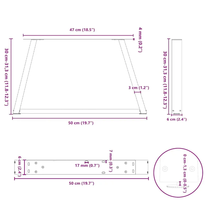 Kavos staliuko kojelės, V formos, 2 vnt., juodos, 50x(30-31,3) cm, plienas