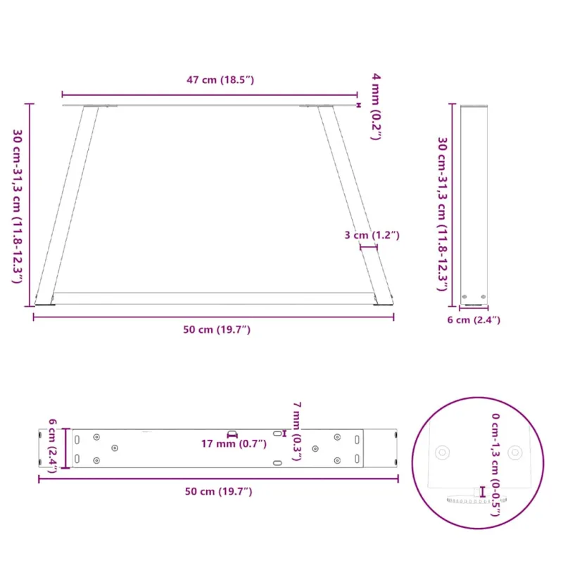 Kavos staliuko kojelės, V formos, 2 vnt., baltos, 50x(30-31,3) cm, plienas