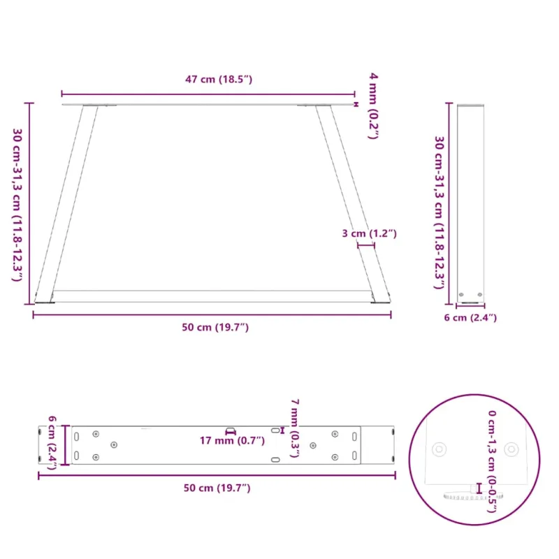 Kavos staliuko kojelės, V formos, 2 vnt., antracito spalvos, 50x(30-31,3) cm, plienas