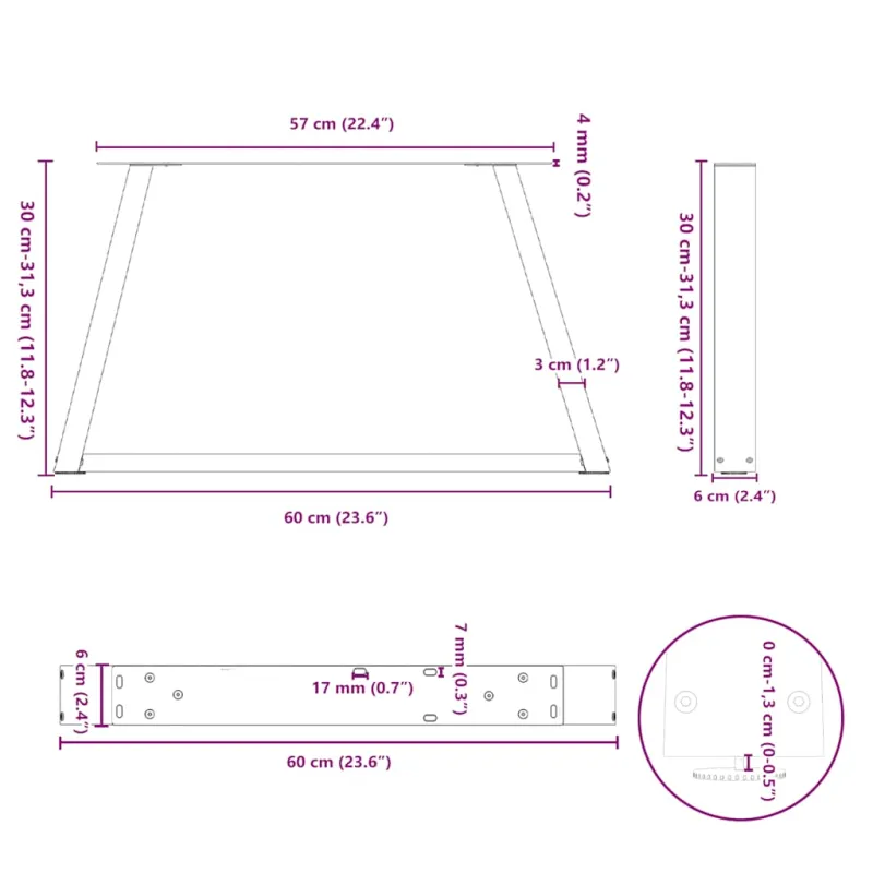 Kavos staliuko kojelės, V formos, 2 vnt., juodos, 60x(30-31,3) cm, plienas