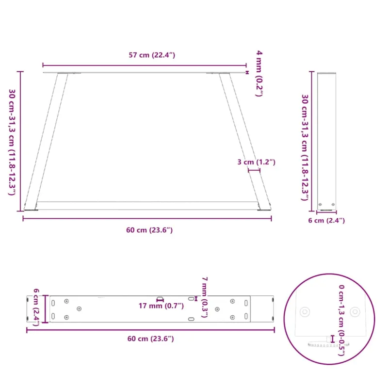 Kavos staliuko kojelės, V formos, 2 vnt., baltos, 60x(30-31,3) cm, plienas
